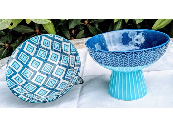 2 Gorgeous Blue Ceramic Fruit Bowls With Geometric Designs, One Footed