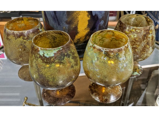 4 Unusual Wine Goblets Speckles In Gold, Blue, Green And Brown Are Fused Together Leaving A Smooth Finish