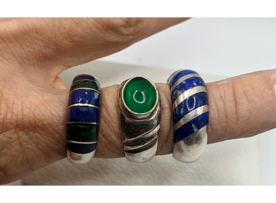 Three Stamped Sterling Rings With Enamel ? Or Lapis And Malachite Stones Embedded In Rings
