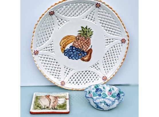 Ceramic Fruit Platter With Pirced Basket Weave, Cow Tile And Pretty Ceramic Floral Berry Bowl