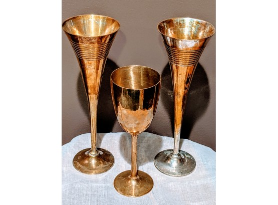 One Solid Brass Wine Goblet From Landes Paired With Two Plated Champagne Goblets