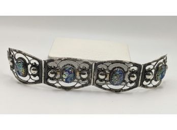 Mexican Sterling Silver Bracelet With Iridescent Glass Or Composite Stones - Vintage