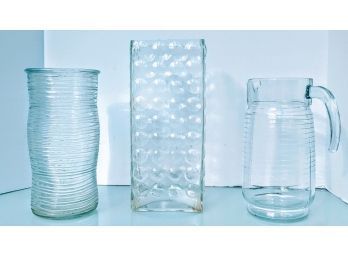 2 Glass Vases And 1 Glass Pitcher