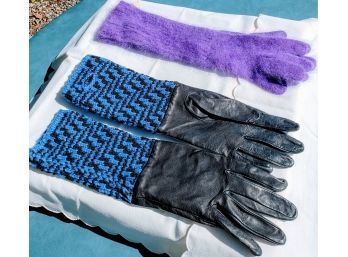 2 Pairs Of Ladies Gloves Angora Purple Gloves Made In Italy And One Size Fits All, Blue/Black Leather- No Tag
