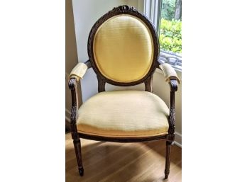 Vintage French Round Back, Wooden Armchair With Armrest And Vintage Upholstery