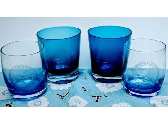 4 Cobalt Blue Glasses, Two With The Initials MB And 2 From The Long Island Platform Tennis Assoc.