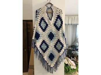 Vintage Blue & White Crocheted Poncho