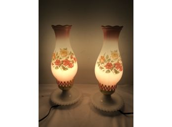 Pair Of Pink Hurricane Lamps/hand Painted Milk Glass Globes