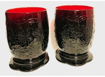 Vintage Princess House Fantasia Ruby Red Embossed Planter Style Art Glass Vases