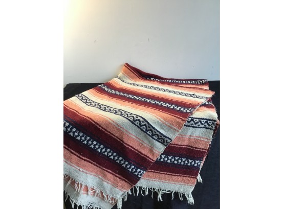 Vintage Mexican Peach, Black, Ivory, And Maroon Throw Blanket