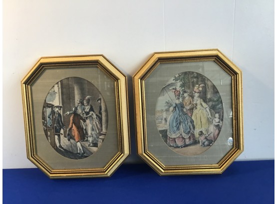Victorian Men And Women Art In Octagon Shaped Frame Lot Of 2