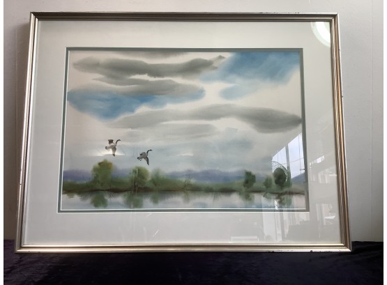 Signed Watercolor Of Geese Flying Over Lake