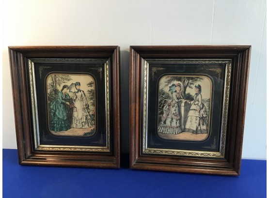 Victorian Women Art Pair Of 2 In Wooden Frames