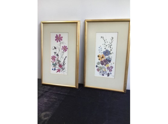 Pair Of Signed Floral Art Pieces In Skinny Gold Frames