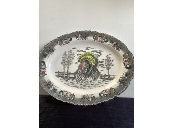 Hand Decorated Underglaze Ironstone Turkey Platter Black And White With Hints Of Red And Yellow