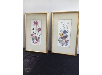 Pair Of Signed Floral Art Pieces In Skinny Gold Frames