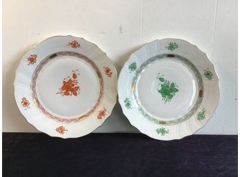 Herend Hungary Hand Painted Red And Green Plate Set Of 2