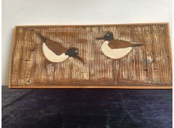Wood Art Of Two Brown Black And White Birds