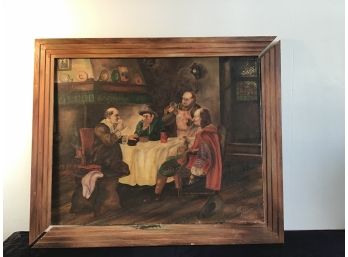 Signed Painting Of 4 Men Gathered Around A Table In Wooden Frame
