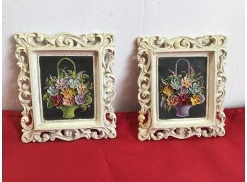 Pair Of White Framed Art Pieces Purple And Green Baskets Of Flowers