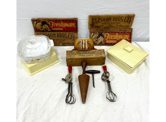 Decorative Kitchen Lot Including Pyrex Bauer Corning And Vintage Mixers