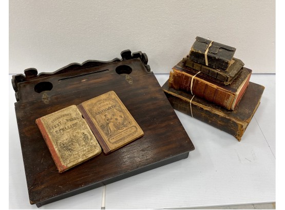 Antique Writing Desk With 19th Century Bibles 1ncluding 1861 Polyglott  Bible And Swedish Dictionary