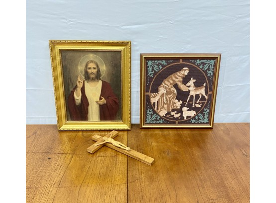 Three Religious Items Including A Framed Salvator Mundi