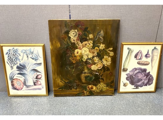 Vintage Oil Painting And Two Botanical Prints