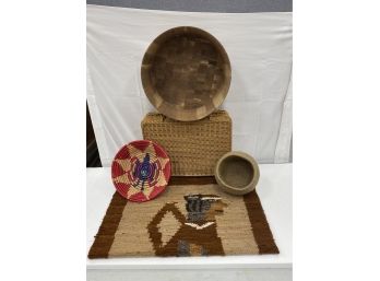 Hand Woven Peruvian Rug With Baskets  And A Large Wood Bowl