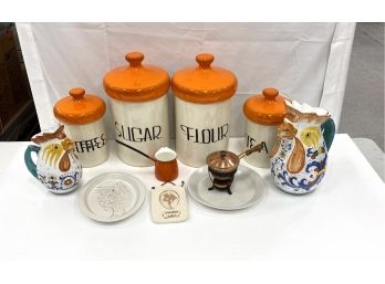 Decorative Items Including Vintage Cannister Set , Bennington Vt Owl  And Deruta Italy Chicken Pitchers