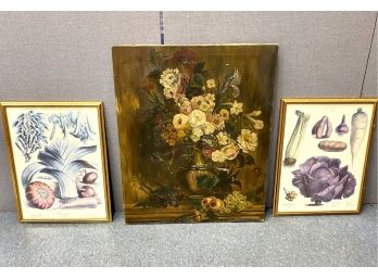 Vintage Oil Painting And Two Botanical Prints
