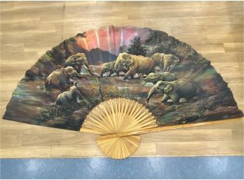 Large Handpainted Fan Painting With Elephants Measuring 7 By 4 Foot