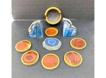 Geode Bookends Together With Coaster Set And Specimen