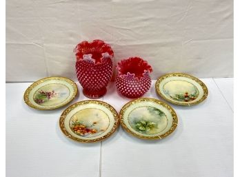 Cranberry Glass And Four Limoges PLates