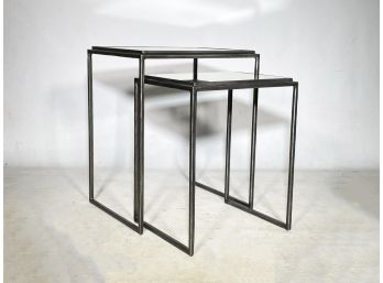 A Pair Of Modern Mirrored Top Steel Nesting Tables