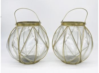 A Pair Of Modern Brass And Blown Glass Lanterns