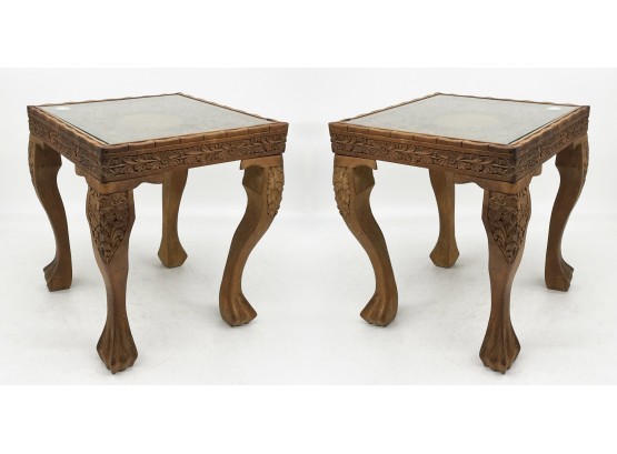 A Pair Of Vintage Carved Indonesian Hardwood Glass Top Side Table