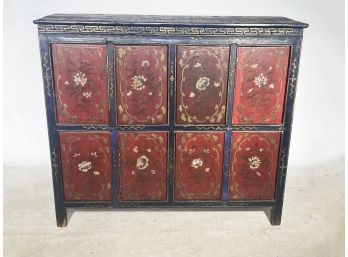 An Antique Asian Paneled Wood And Tole Painted Cabinet
