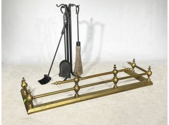 A Vintage Brass Fireplace Fender, And Assorted Fireplace Tools