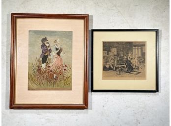 Framed Antique Etching And Needlepoint