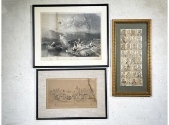 A Group Of Framed Etchings And A Sketch