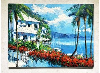 An Original Vintage Oil On Canvas, Unframed, Tropical Scene