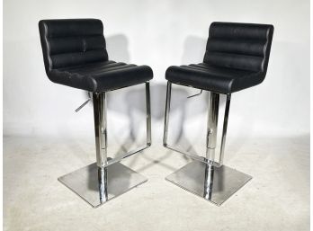 A Pair Of Italian Modern Chrome And Leather Bar Stools