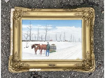 An Original Vintage Oil On Board, Winter Scene