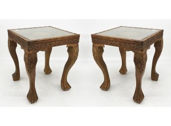 A Pair Of Vintage Carved Indonesian Hardwood Glass Top Side Table