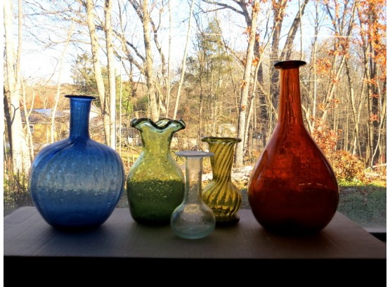 Lot Of 5 Gorgeous Freeblown Glass Bottles & Vases - Full Of Seed Bubbles & Crudity, Beautiful Colors, Pontiled