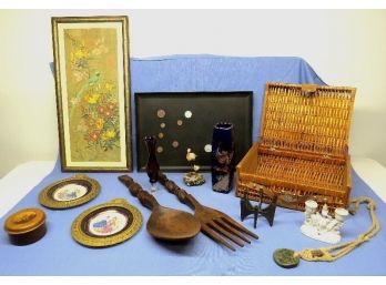 Mixed Lot Of Mid-Century Collectibles, Iron, Wicker, Wood, Glass & Pottery