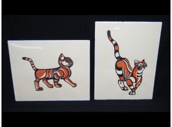 Pair Of Folky Artist Cat Prints 14' X 18' In Size