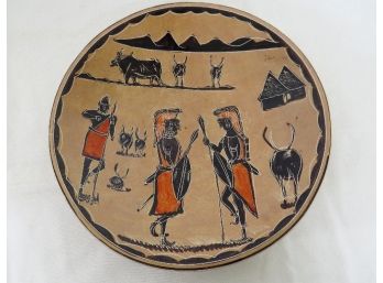 Carved Etched Polished Soapstone 10' Bowl With Tribal Scene - Mairobi Kenya