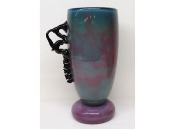 Massive Art Glass Hand Blown Mug Style Vase Multicolored Hues, Giant Open Pontil, Applied Handle W/rigaree